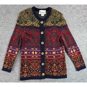 Vintage Castlebrook Cardigan Sweater Women's Size 12 Blue Red Yellow USA Grandma